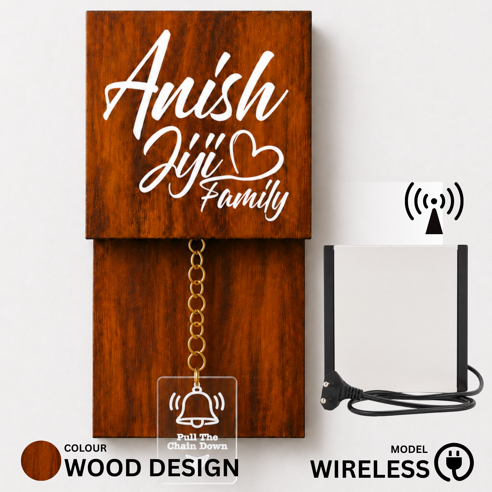 Wireless Wooden Texture With Brass Chain Calling Bell Switch