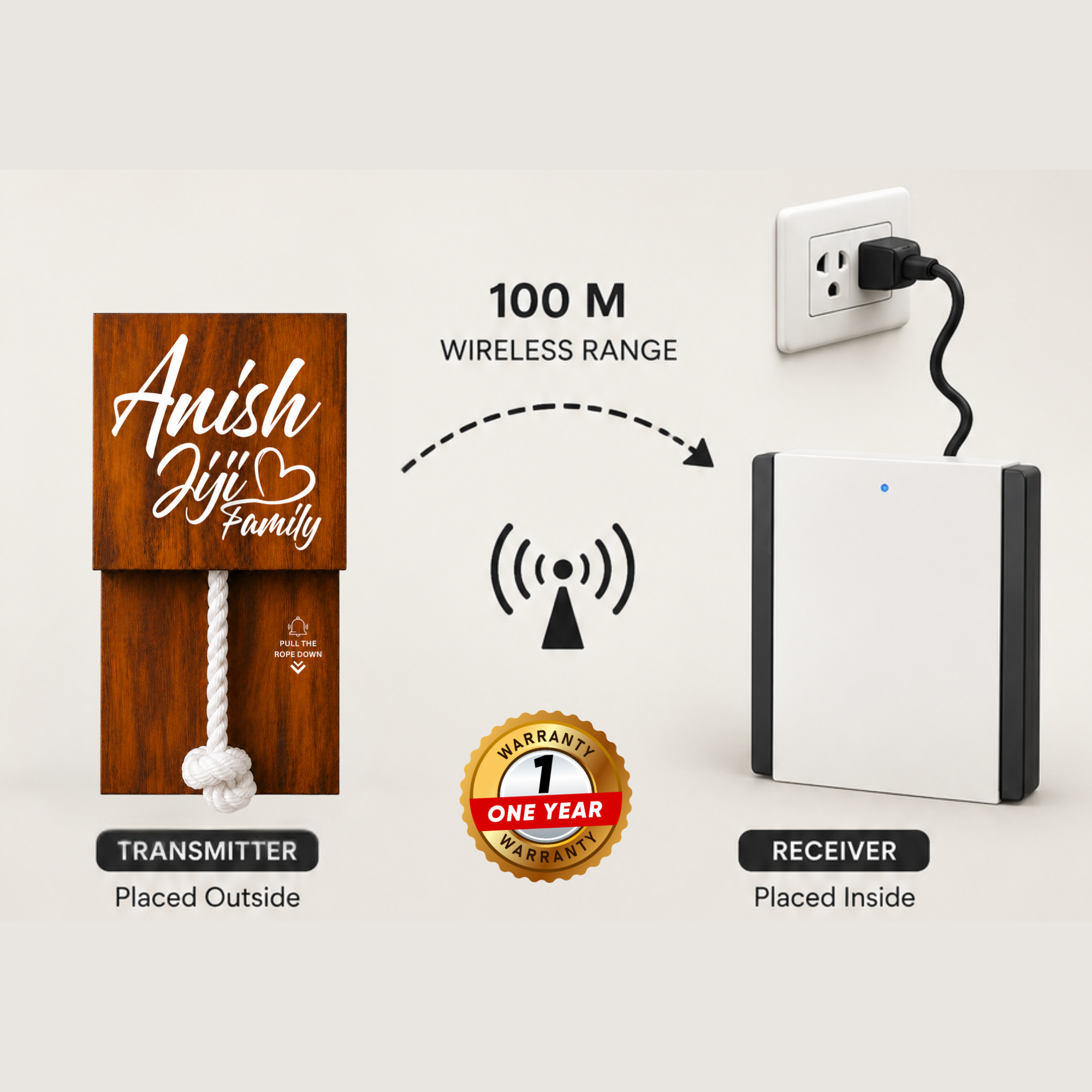 Wireless Wooden Texture With White Rope Calling Bell Switch