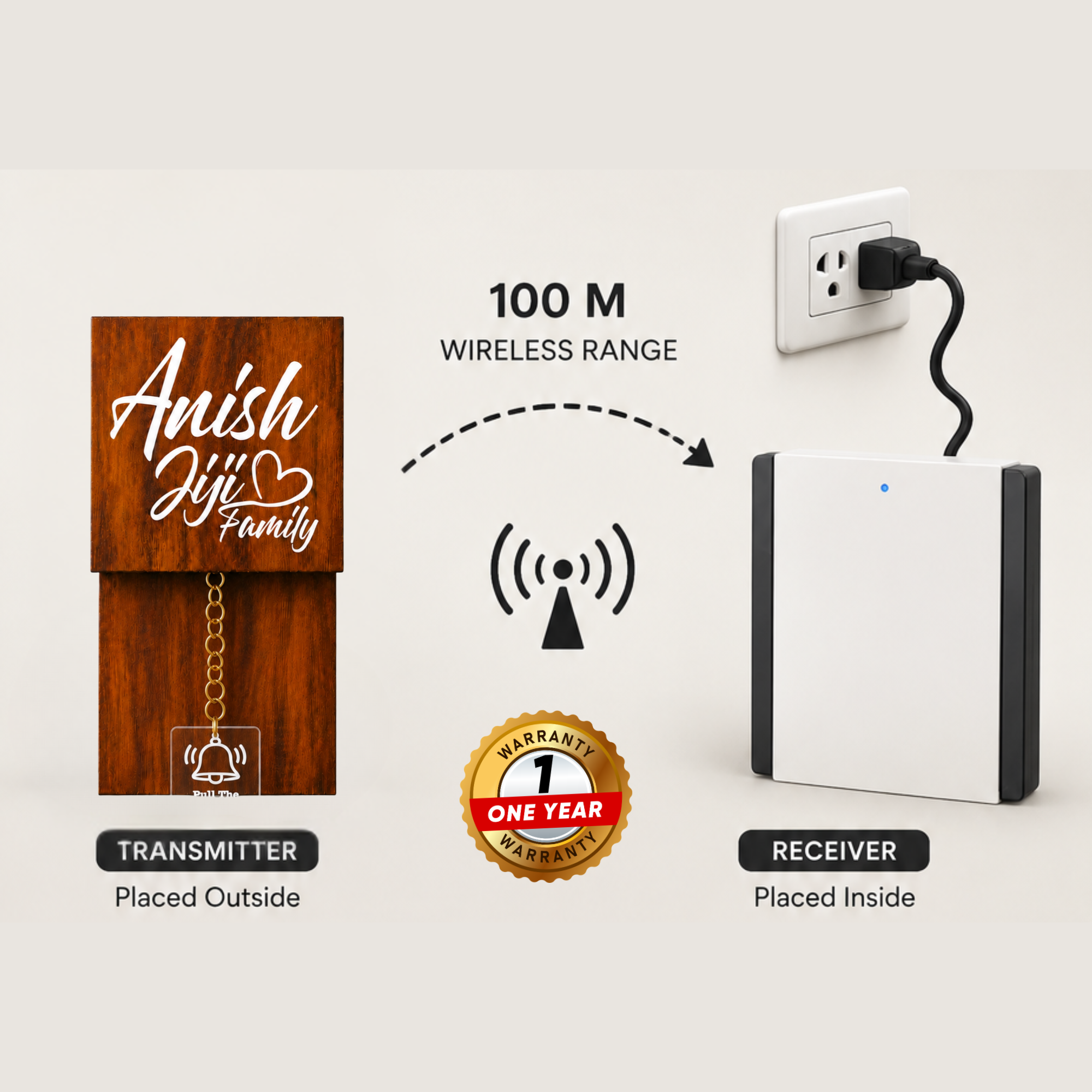 Wireless Wooden Texture With Brass Chain Calling Bell Switch