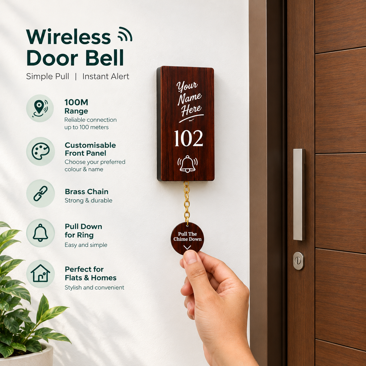 Cameo Wireless Door Bell with Brass Chain